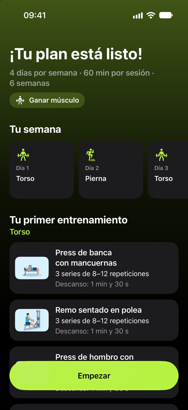 Tu plan está listo: 4 días por semana